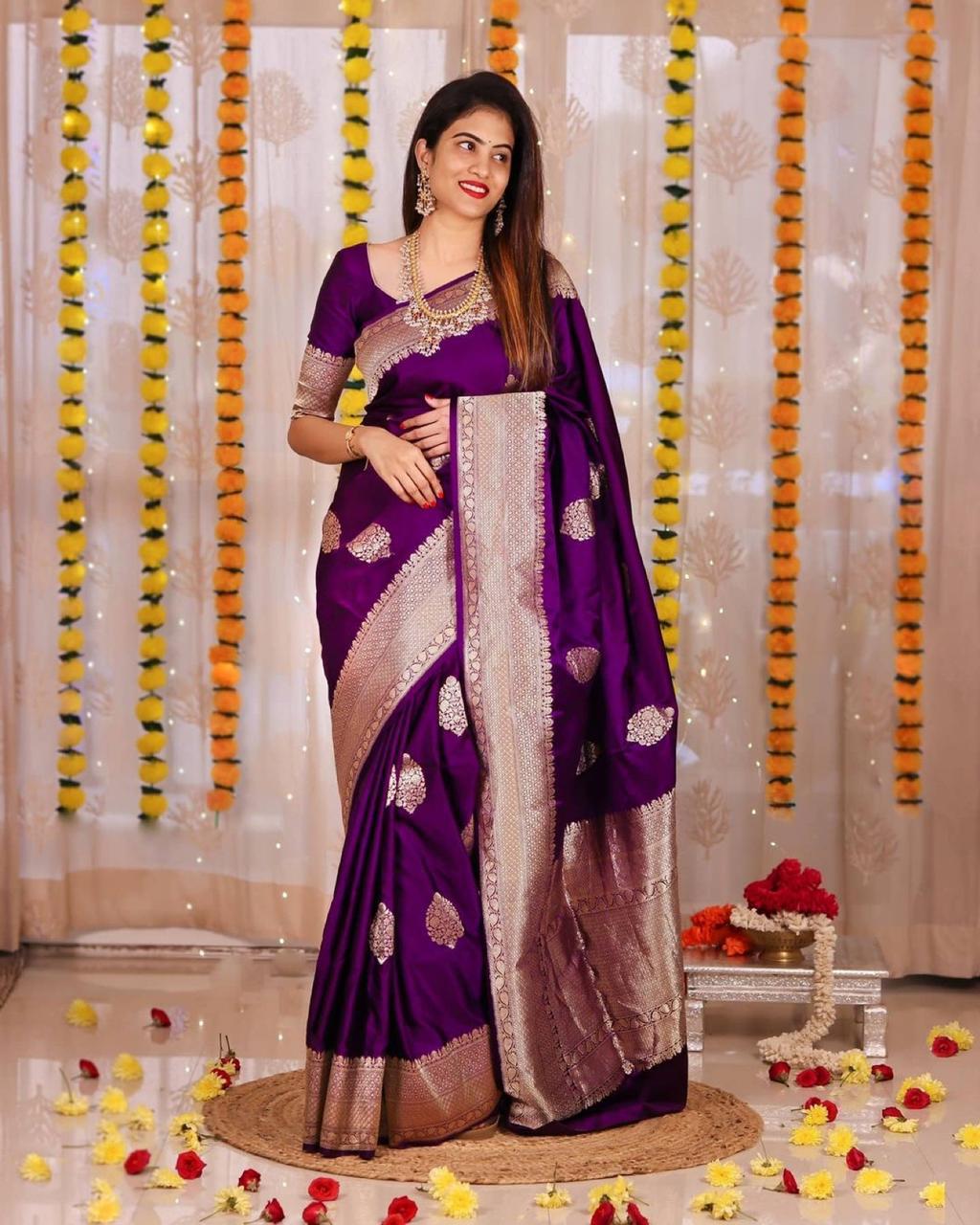 Heavenly Purple Color Banarasi Soft Silk Saree With Blouse Piece