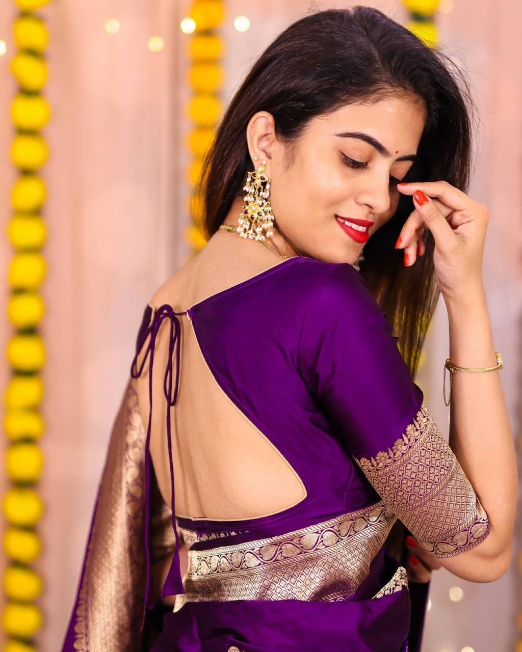 Heavenly Purple Color Banarasi Soft Silk Saree With Blouse Piece