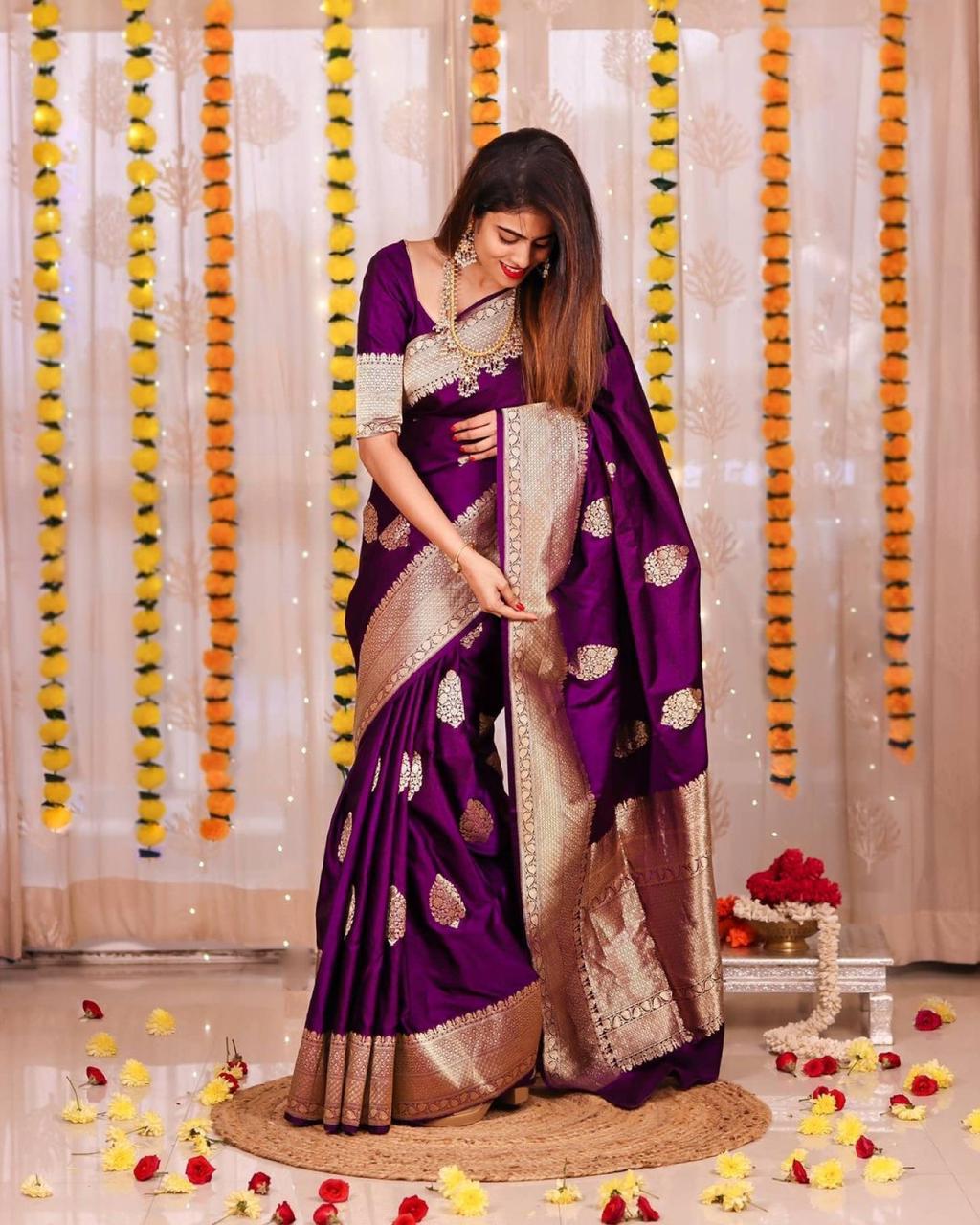 Heavenly Purple Color Banarasi Soft Silk Saree With Blouse Piece