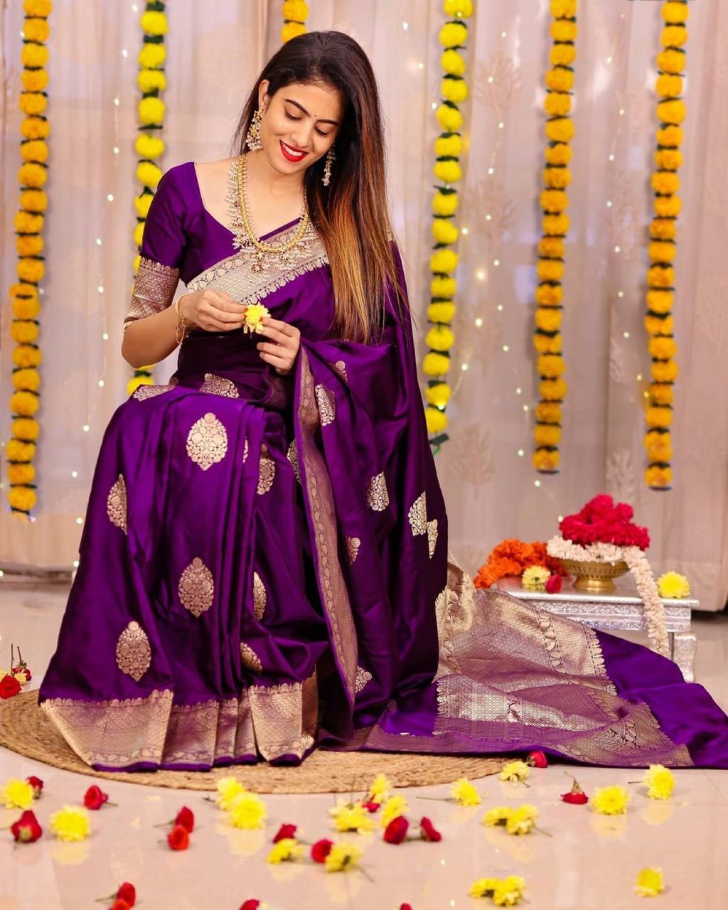 Heavenly Purple Color Banarasi Soft Silk Saree With Blouse Piece