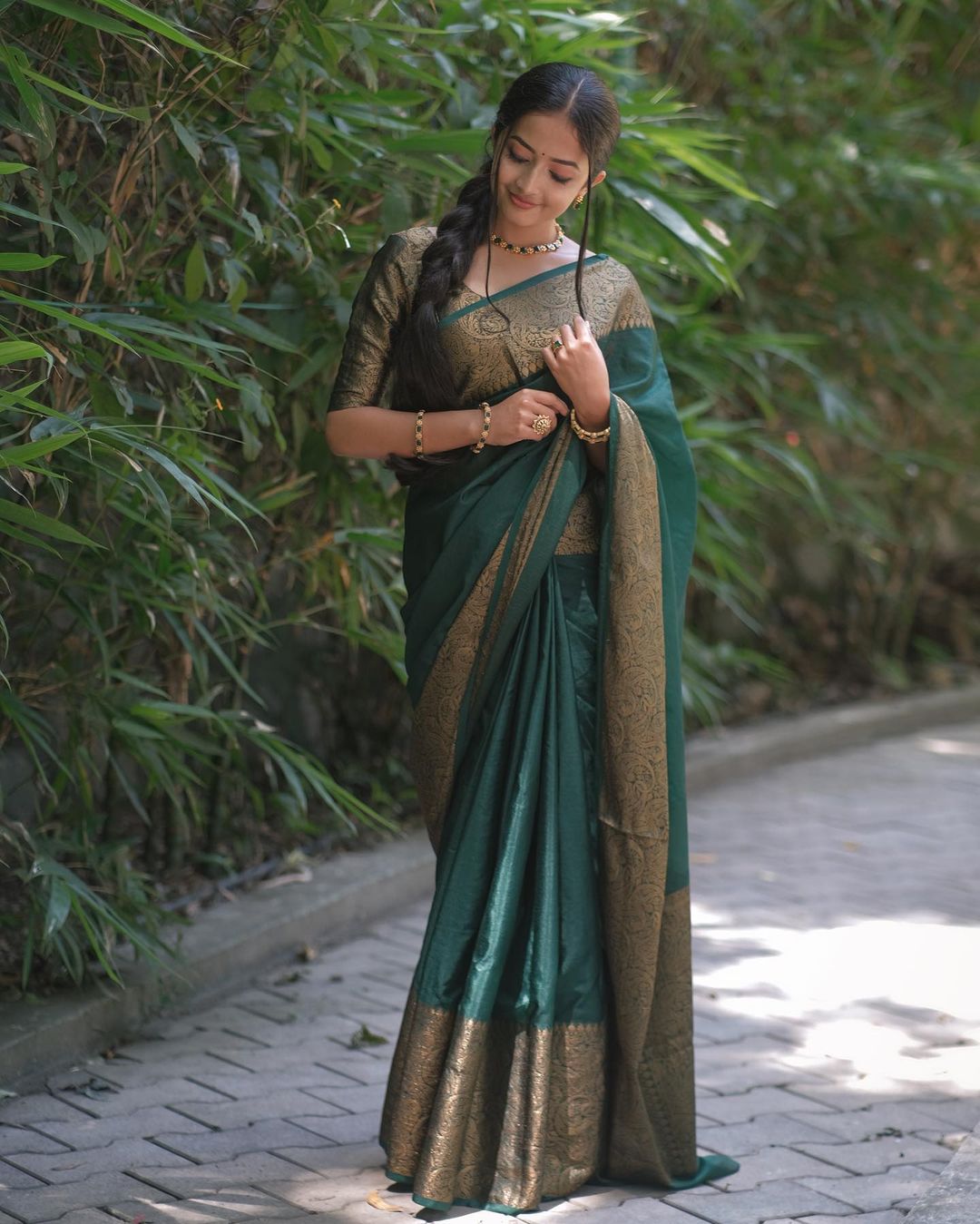 Graceful Dark Green Color Soft Lichi Silk Saree With Blouse Piece