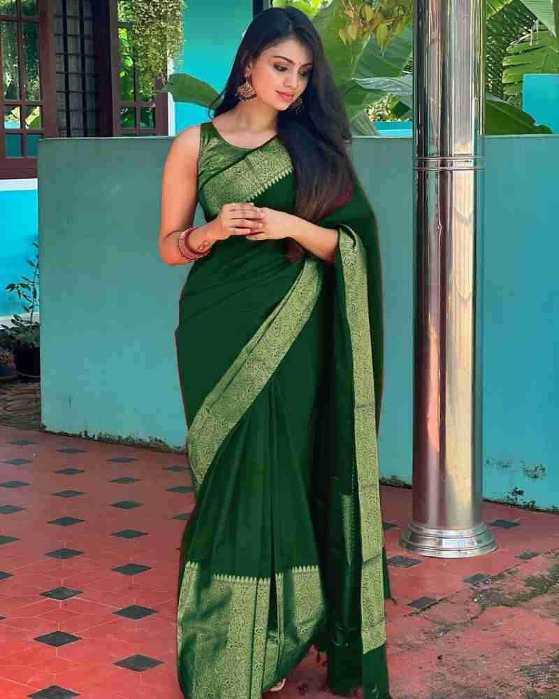 Glowing Green Color Soft Lichi Silk Saree With Blouse Piece