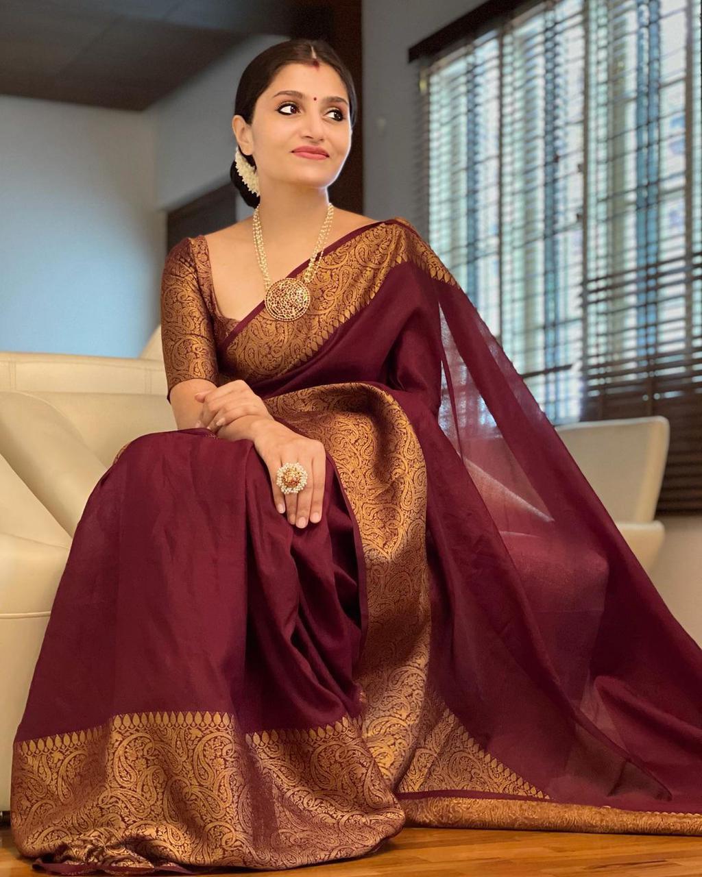 Regal Wine Color Soft Lichi Silk Saree With Blouse Piece