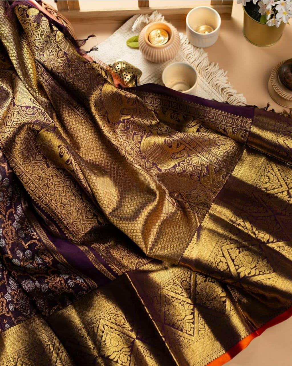 Divine Wine Color Banarasi Soft Silk Saree With Blouse Piece