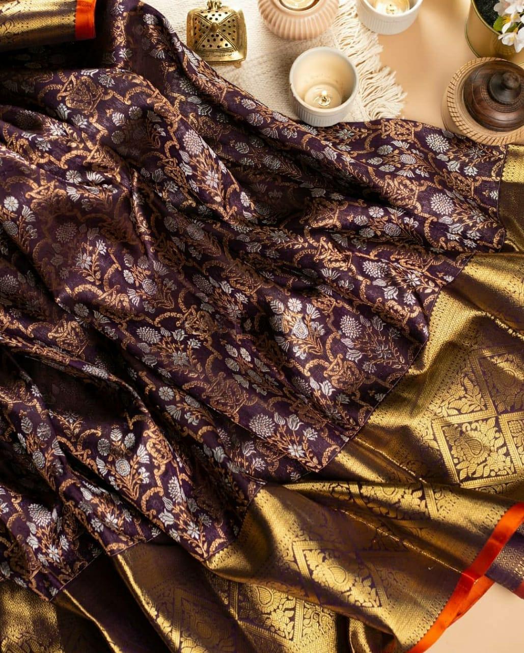 Divine Wine Color Banarasi Soft Silk Saree With Blouse Piece