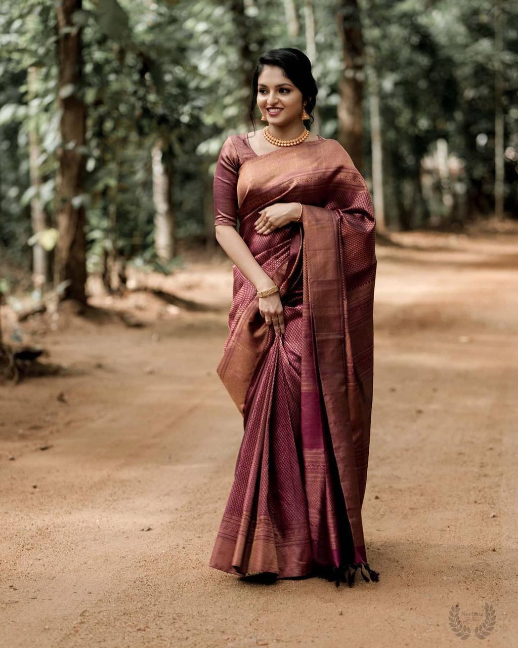 Vibrant Maroon Color Soft Lichi Silk Saree With Blouse Piece