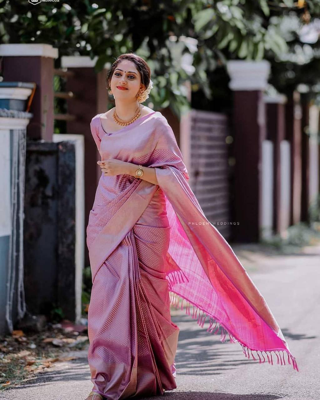 Whimsical Pink Color Soft Lichi Silk Saree With Blouse Piece