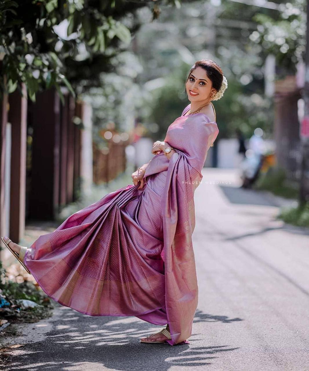 Whimsical Pink Color Soft Lichi Silk Saree With Blouse Piece