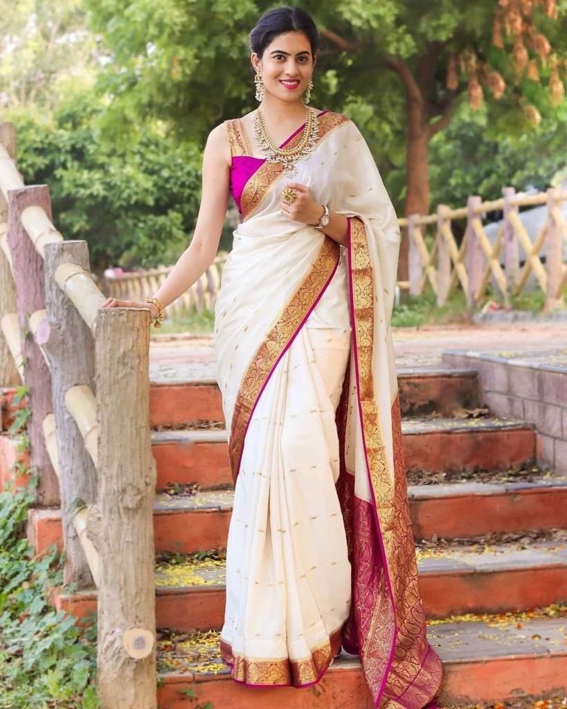 Divine Off White Color Soft Lichi Silk Saree With Blouse Piece