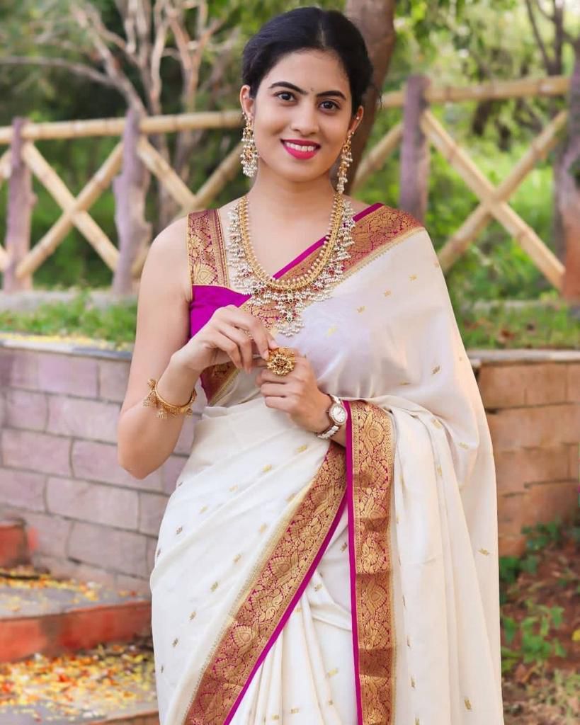 Divine Off White Color Soft Lichi Silk Saree With Blouse Piece