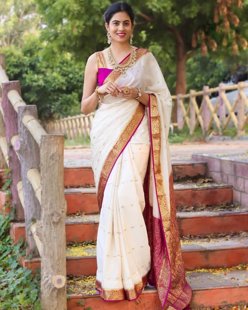 Divine Off White Color Soft Lichi Silk Saree With Blouse Piece