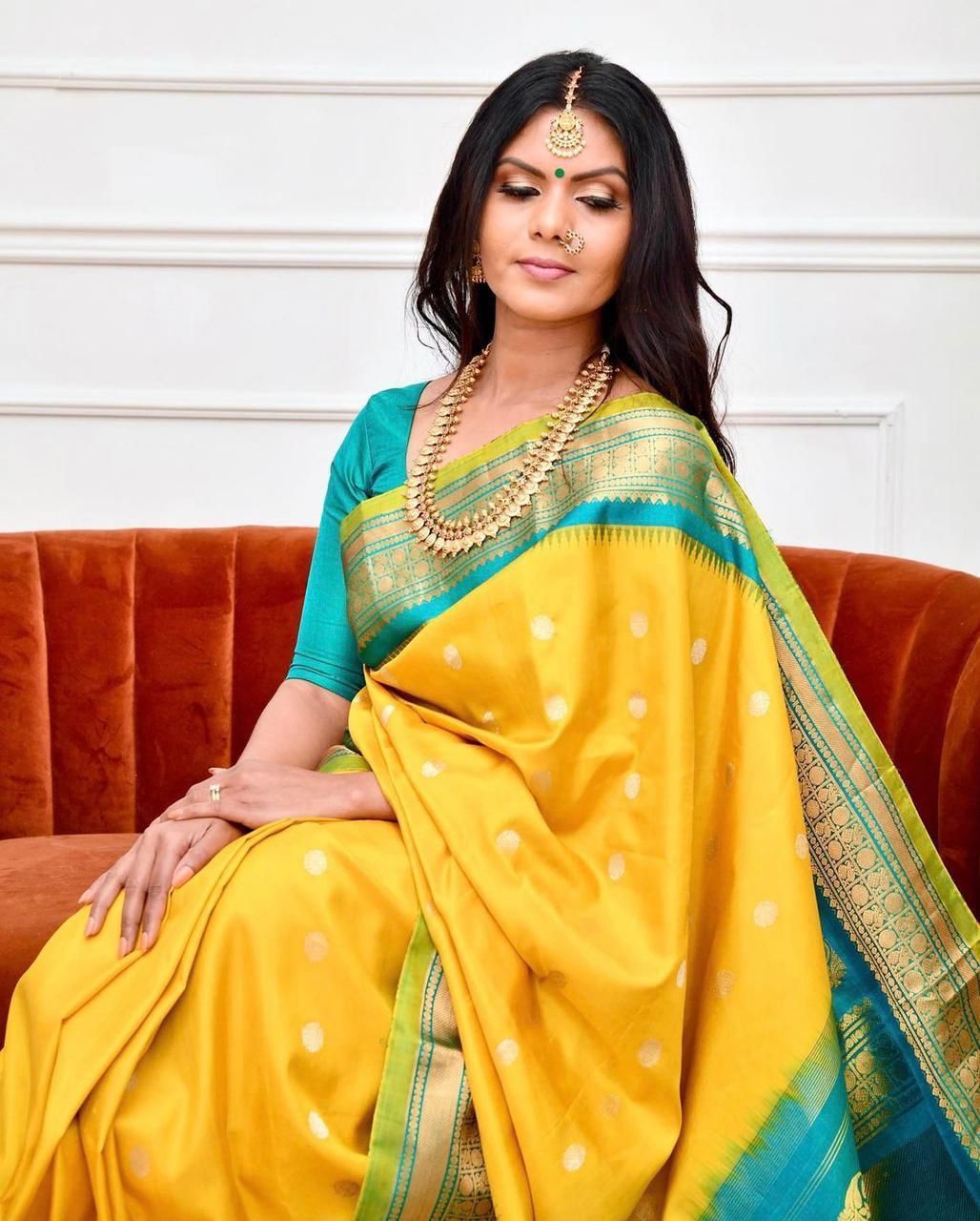 Resplendent Yellow Color Banarasi Soft Silk Saree With Blouse Piece