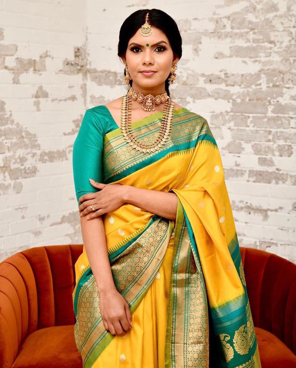 Resplendent Yellow Color Banarasi Soft Silk Saree With Blouse Piece