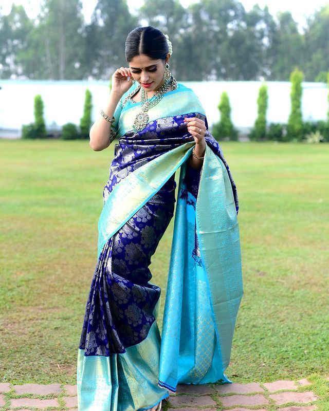 Ethereal Blue Color Banarasi Soft Silk Saree With Blouse Piece