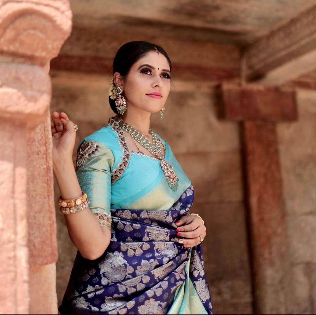 Ethereal Blue Color Banarasi Soft Silk Saree With Blouse Piece