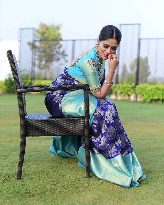 Ethereal Blue Color Banarasi Soft Silk Saree With Blouse Piece