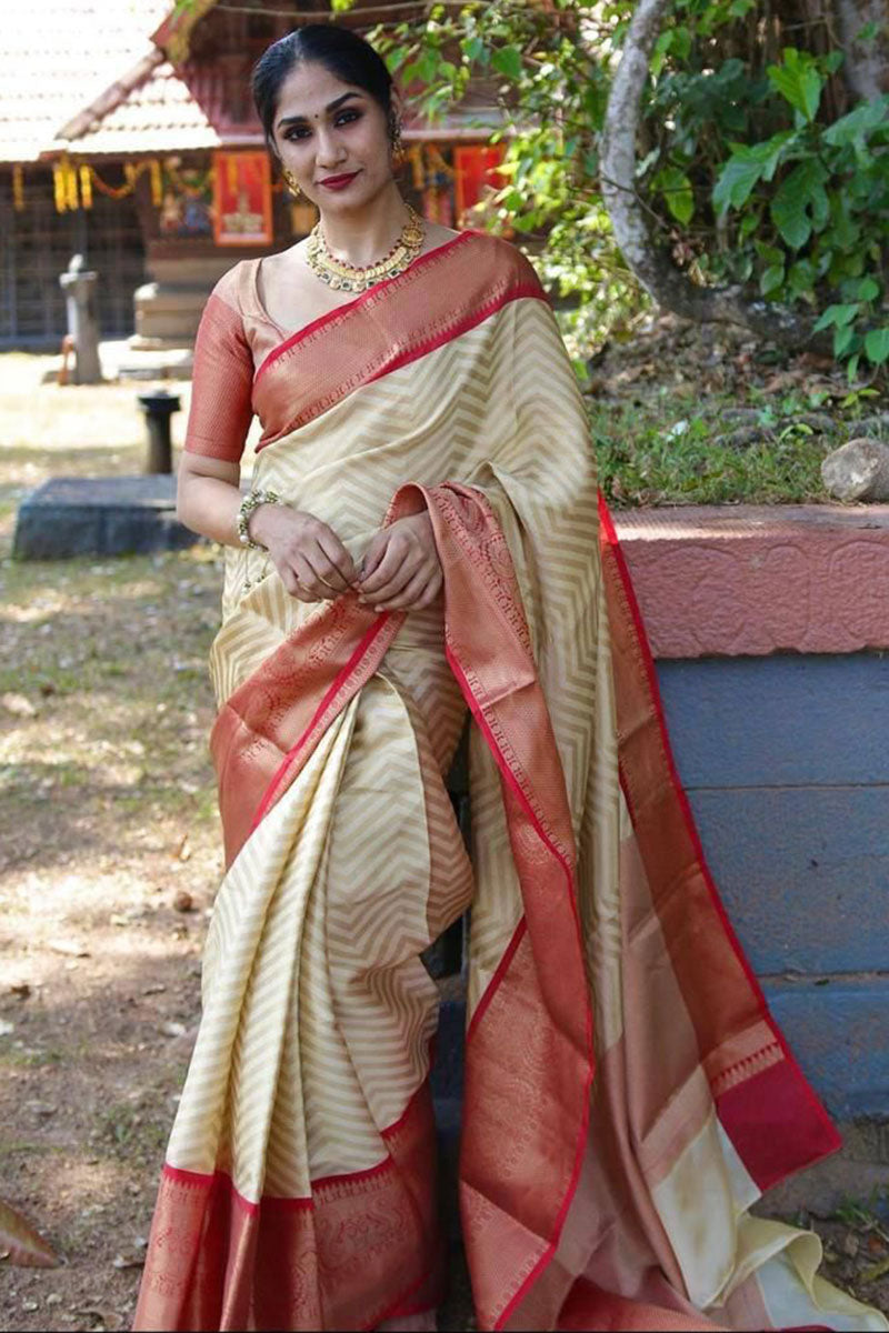 Beguiling Beige Color Soft Lichi Silk Saree With Blouse Piece