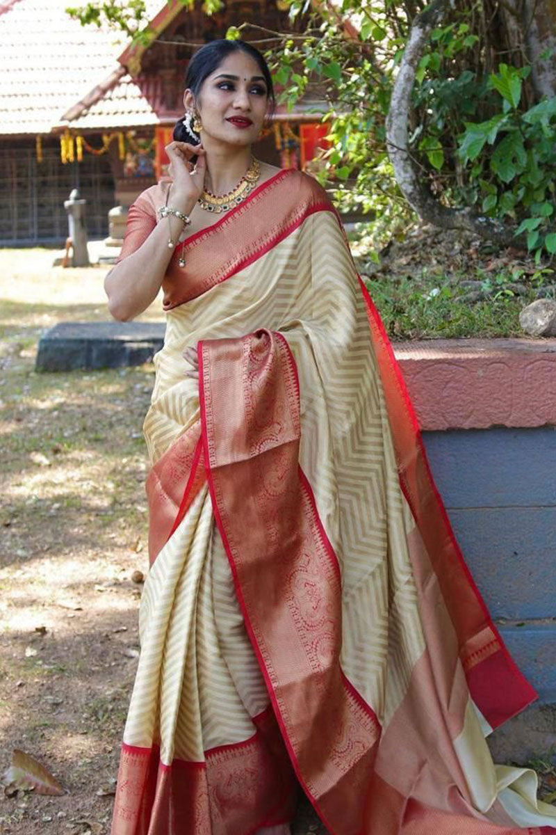 Beguiling Beige Color Soft Lichi Silk Saree With Blouse Piece