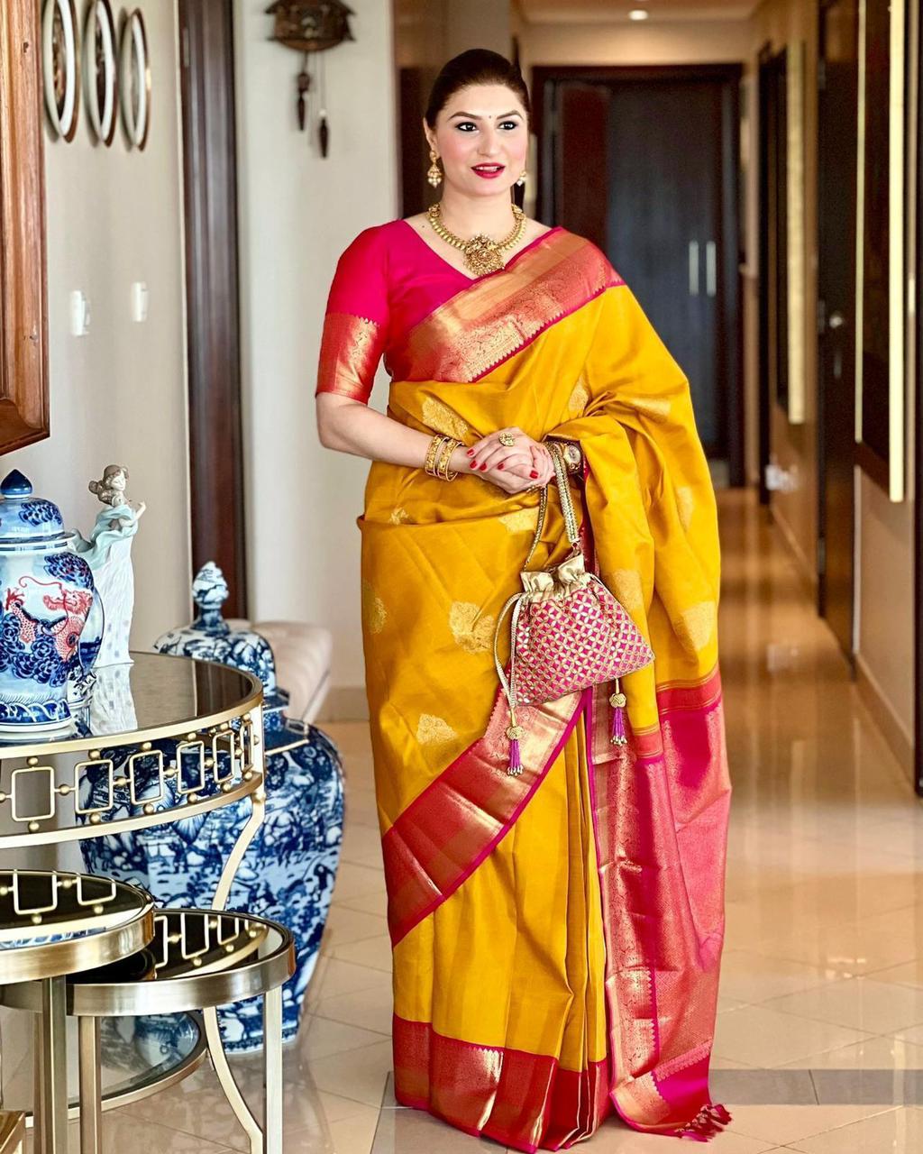 Serene Yellow Color Banarasi Soft Silk Saree With Blouse Piece