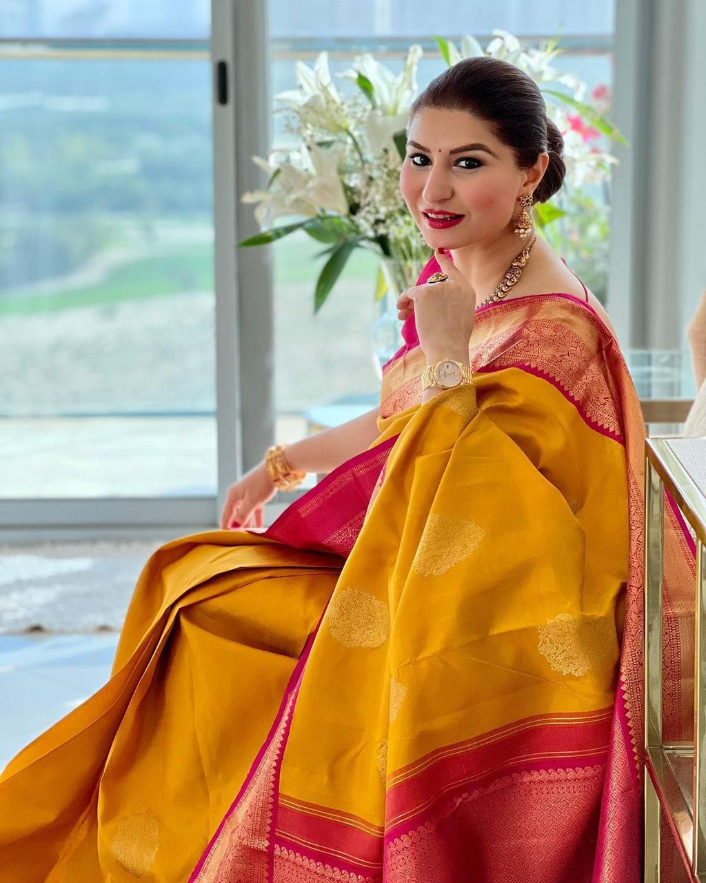 Serene Yellow Color Banarasi Soft Silk Saree With Blouse Piece