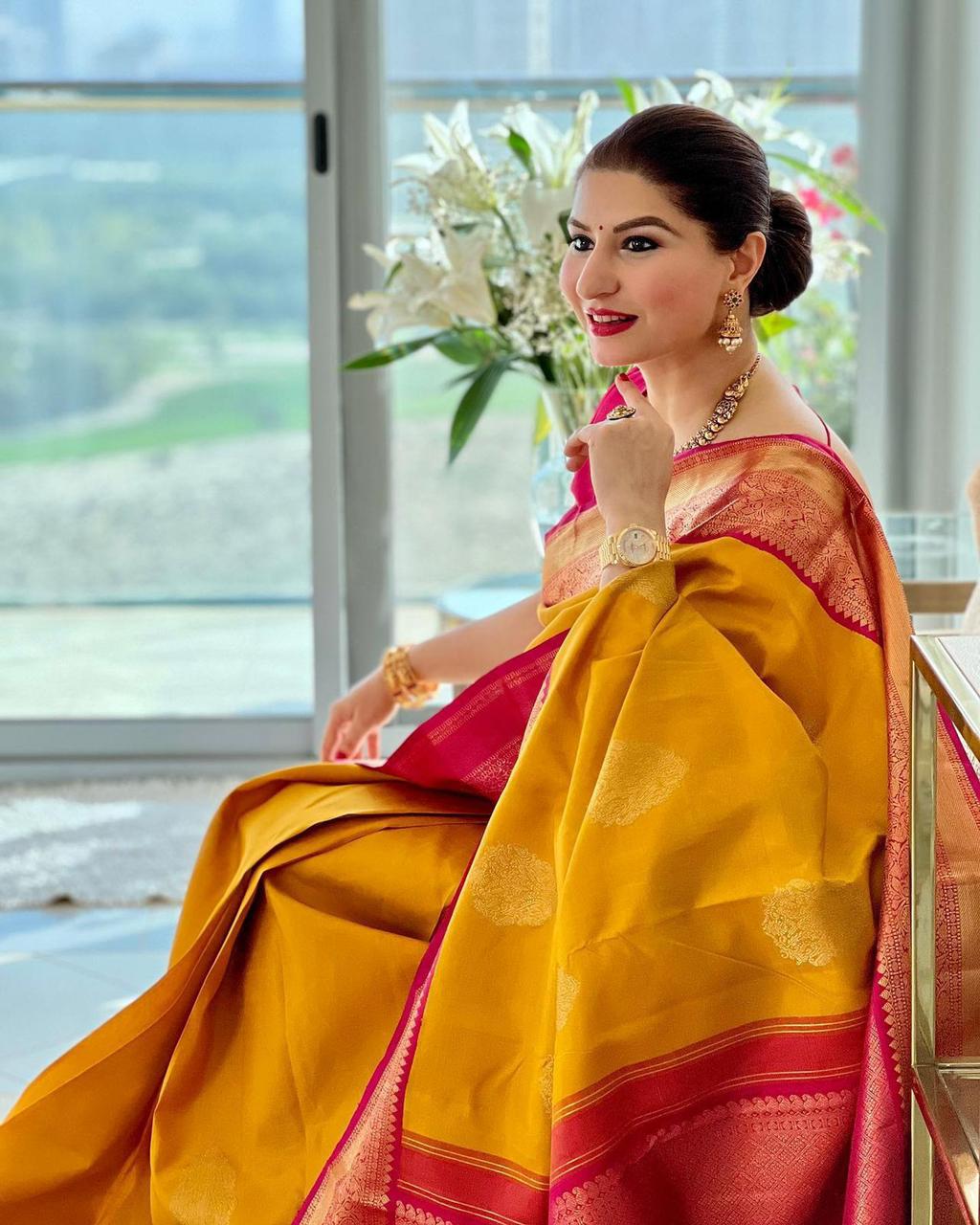 Serene Yellow Color Banarasi Soft Silk Saree With Blouse Piece