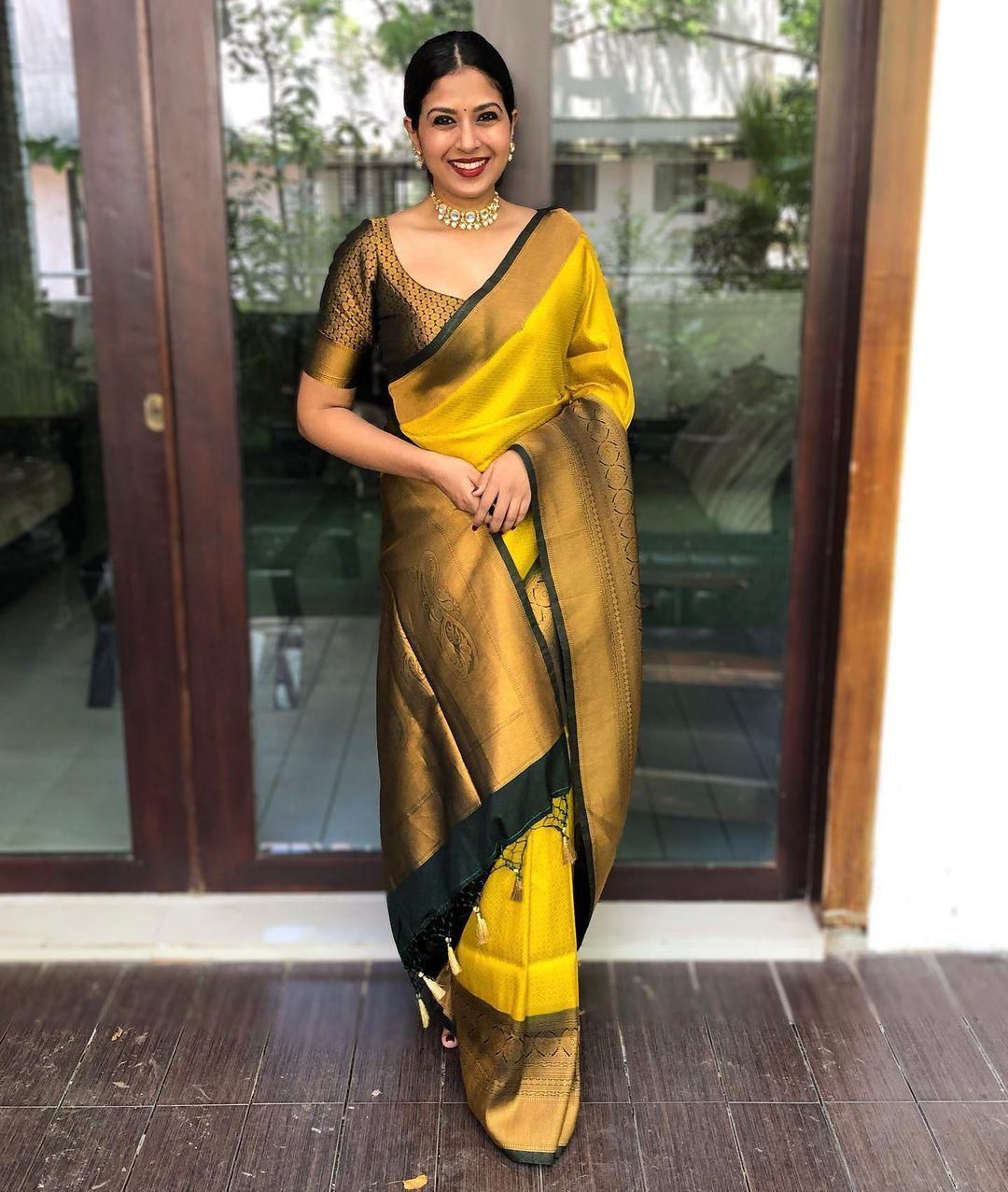 Mesmerizing Yellow Color Soft Lichi Silk Saree With Blouse Piece