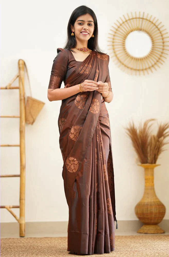 Radiant Brown Color Soft Lichi Silk Saree With Blouse Piece