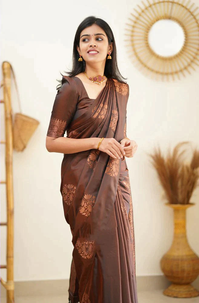 Radiant Brown Color Soft Lichi Silk Saree With Blouse Piece