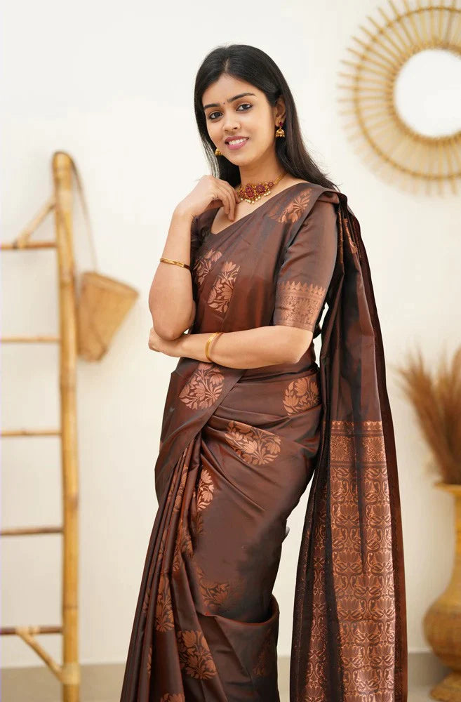 Radiant Brown Color Soft Lichi Silk Saree With Blouse Piece