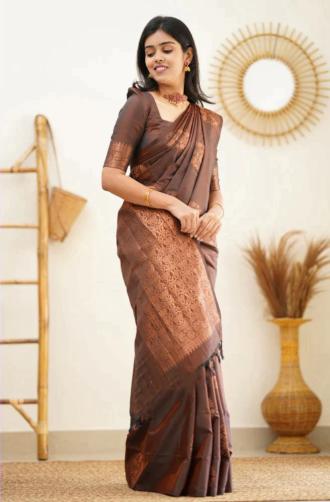 Radiant Brown Color Soft Lichi Silk Saree With Blouse Piece