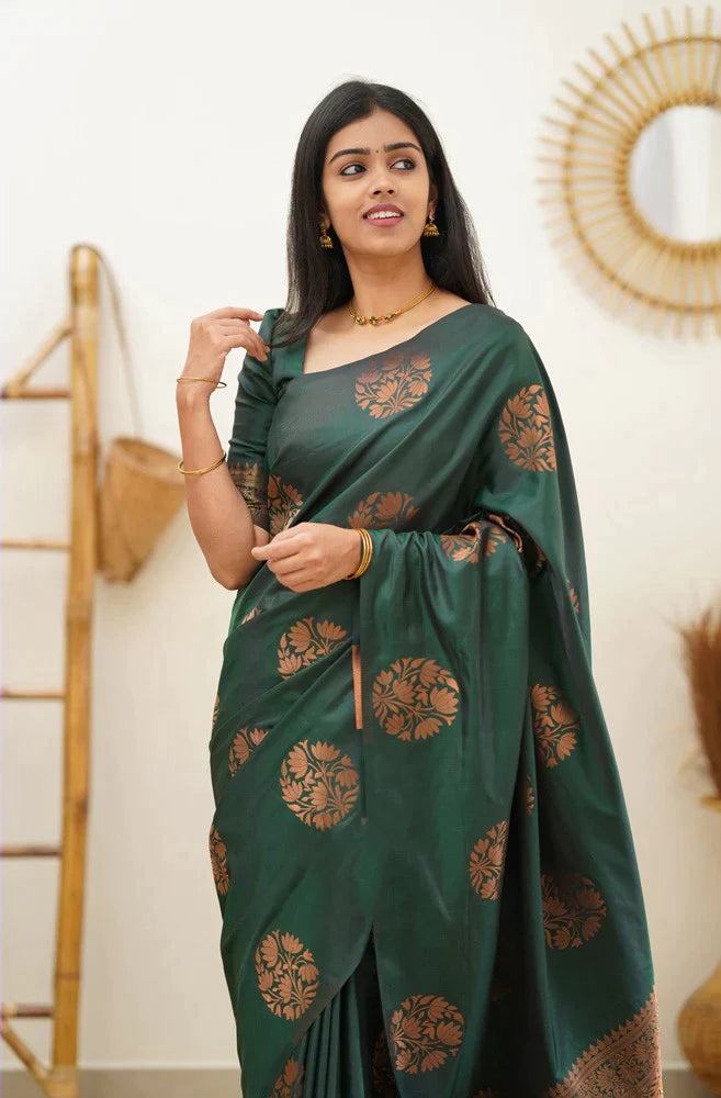 Sublime Dark Green Color Soft Lichi Silk Saree With Blouse Piece