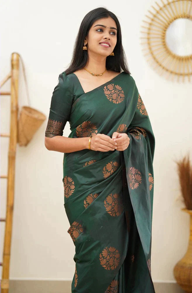 Sublime Dark Green Color Soft Lichi Silk Saree With Blouse Piece