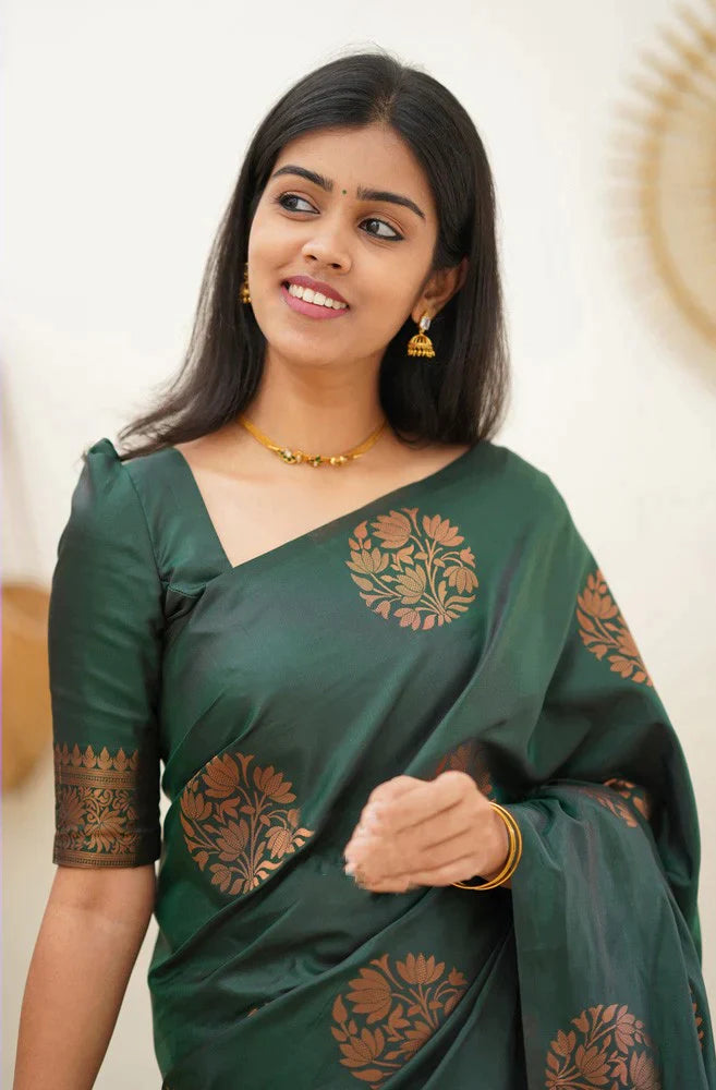 Sublime Dark Green Color Soft Lichi Silk Saree With Blouse Piece