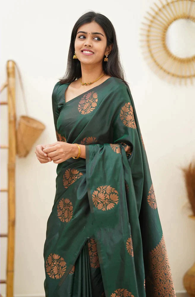 Sublime Dark Green Color Soft Lichi Silk Saree With Blouse Piece