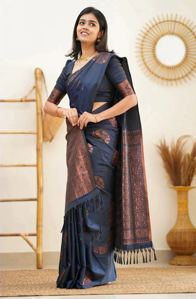 Luxurious Navy Blue Color Soft Lichi Silk Saree With Blouse Piece