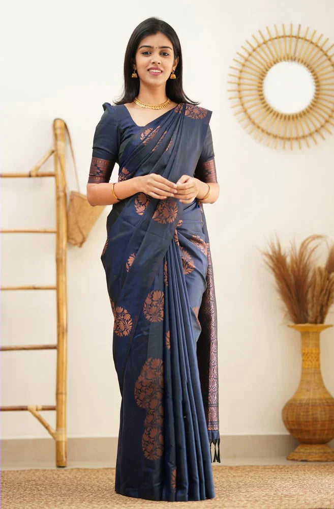 Luxurious Navy Blue Color Soft Lichi Silk Saree With Blouse Piece