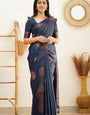 Luxurious Navy Blue Color Soft Lichi Silk Saree With Blouse Piece