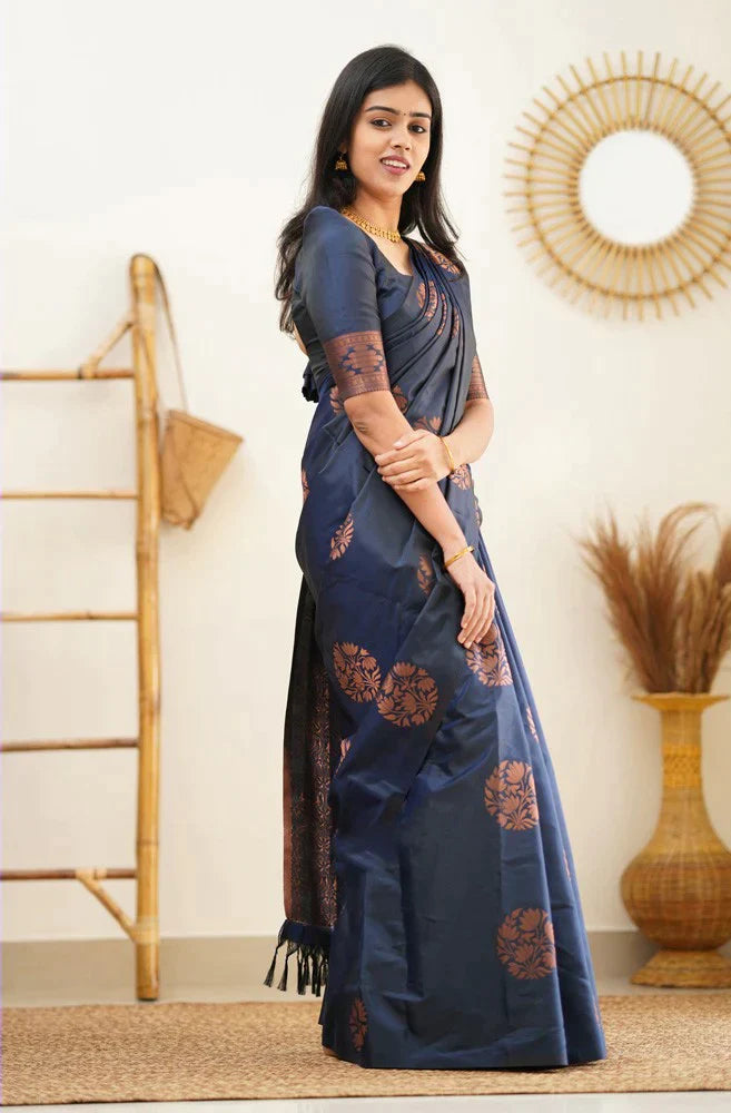 Luxurious Navy Blue Color Soft Lichi Silk Saree With Blouse Piece