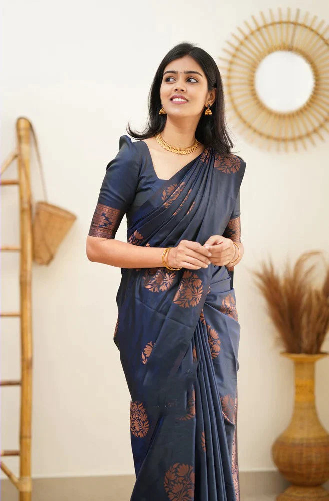 Luxurious Navy Blue Color Soft Lichi Silk Saree With Blouse Piece