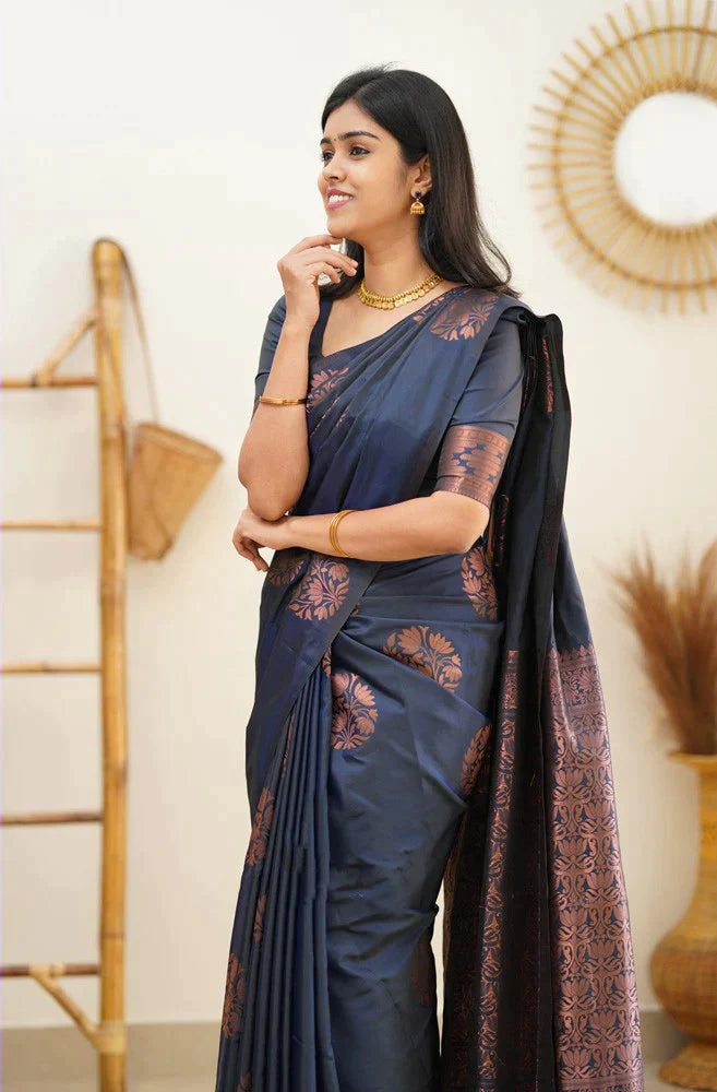 Luxurious Navy Blue Color Soft Lichi Silk Saree With Blouse Piece