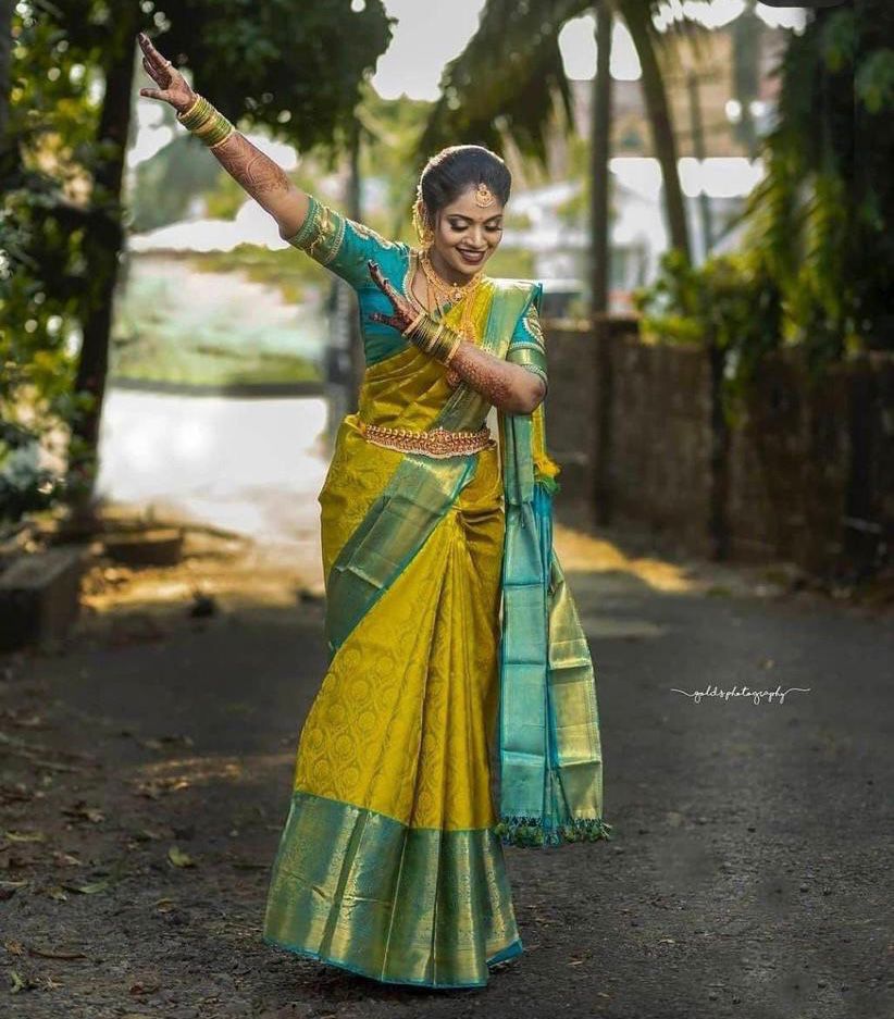 Charming Yellow Color Soft Lichi Silk Saree With Blouse Piece