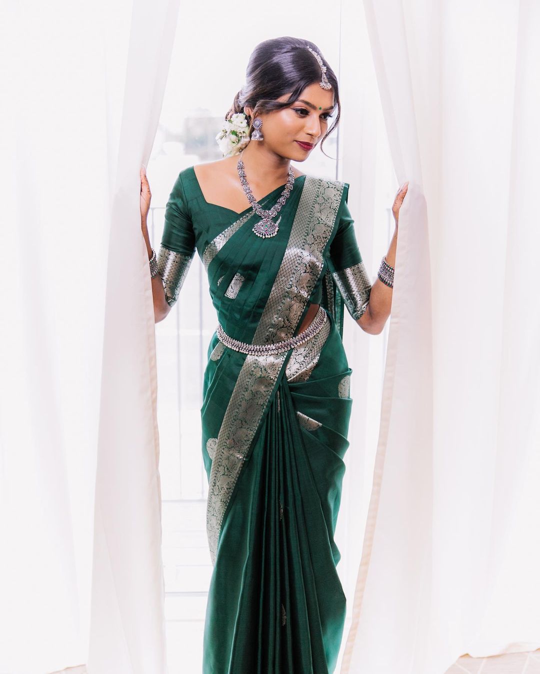 Regal Dark Green Color Banarasi Soft Silk Saree With Blouse Piece