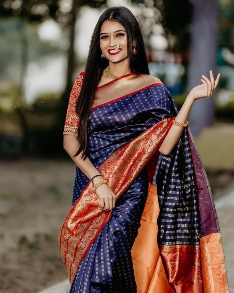 Sublime Royal Blue Color Banarasi Soft Silk Saree With Blouse Piece