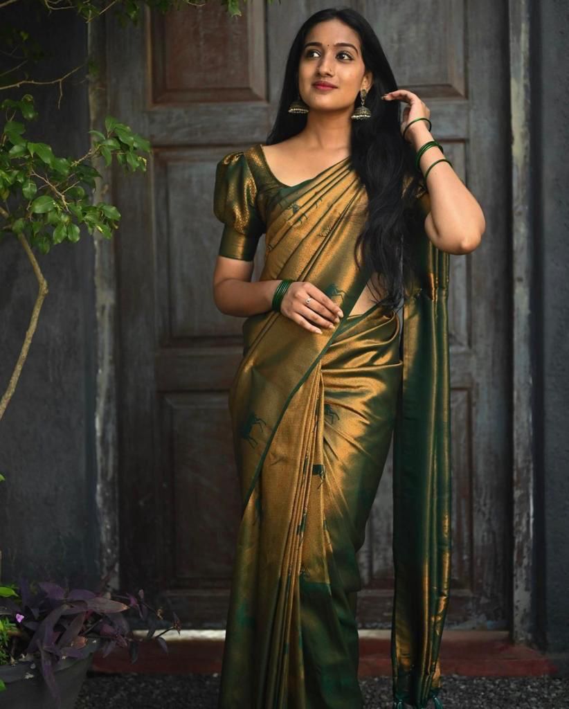 Whimsical Dark Green Color Soft Lichi Silk Saree With Blouse Piece