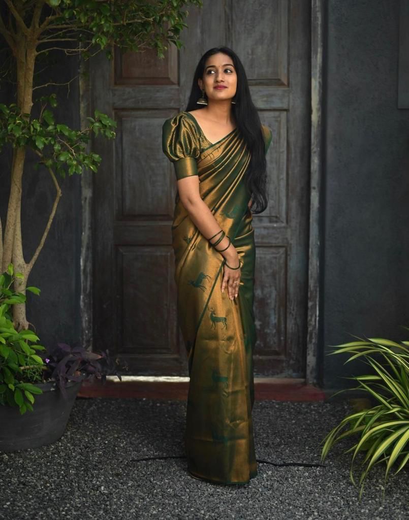 Whimsical Dark Green Color Soft Lichi Silk Saree With Blouse Piece