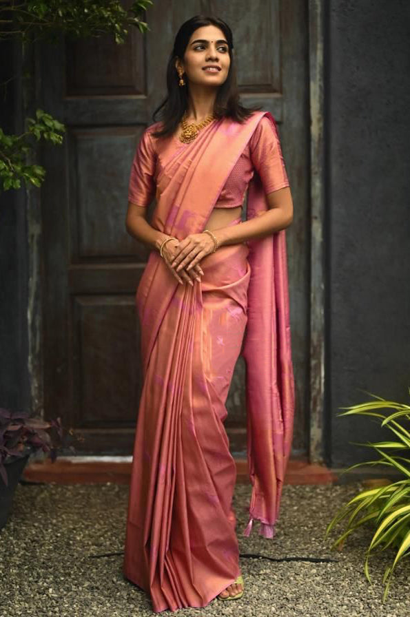 Glamorous Pink Color Soft Lichi Silk Saree With Blouse Piece