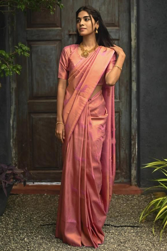 Glamorous Pink Color Soft Lichi Silk Saree With Blouse Piece