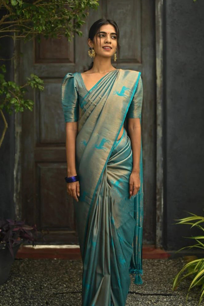 Reflective Sky Blue Color Soft Lichi Silk Saree With Blouse Piece