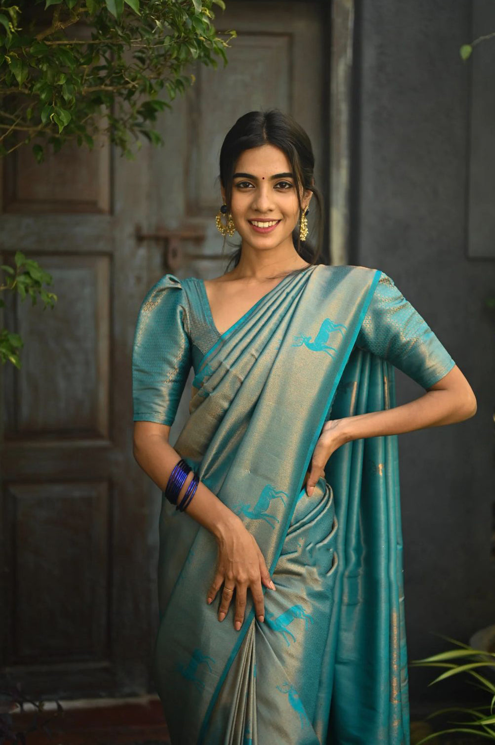 Reflective Sky Blue Color Soft Lichi Silk Saree With Blouse Piece