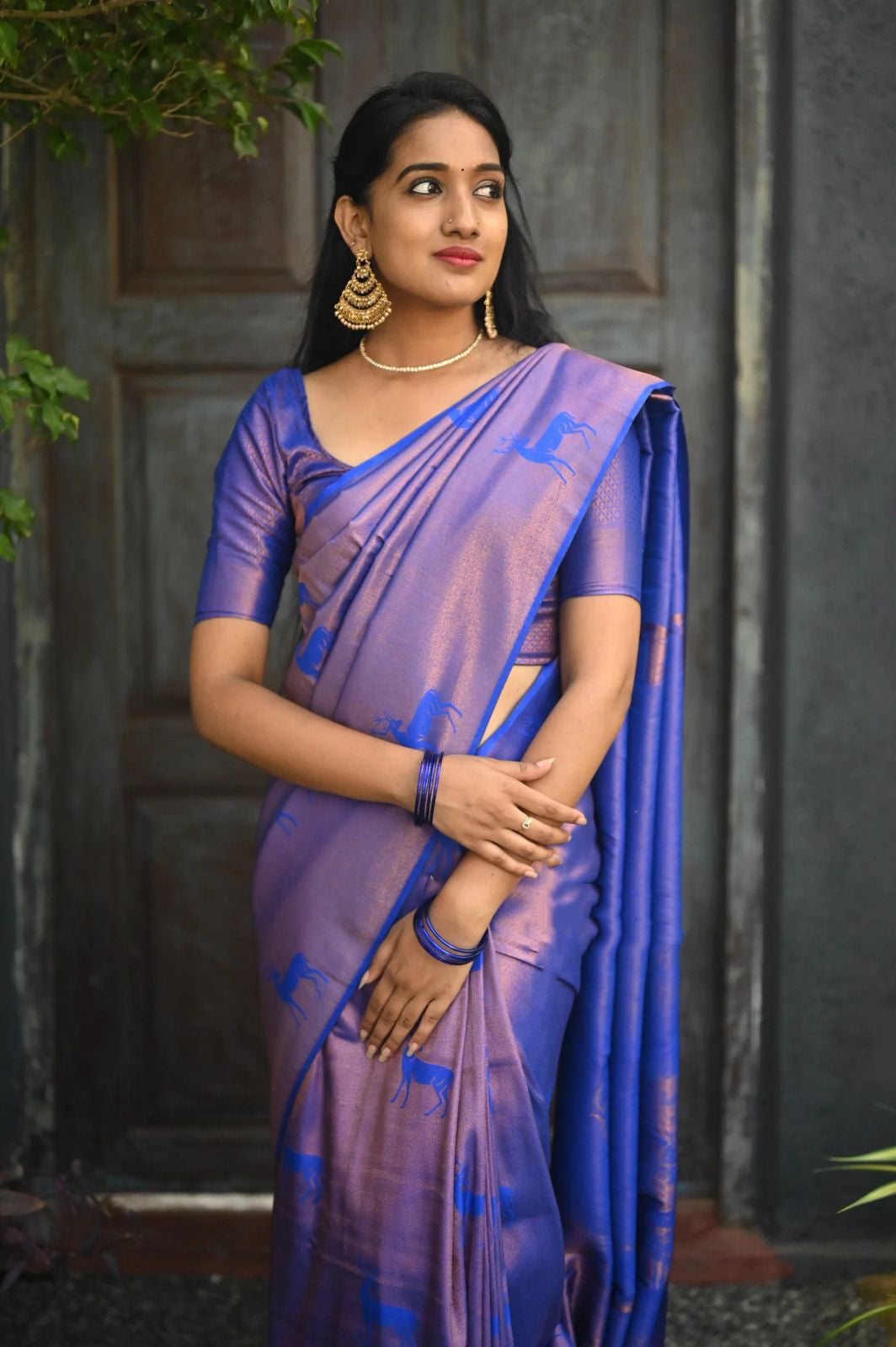 Rousing Royal Blue Color Soft Lichi Silk Saree With Blouse Piece